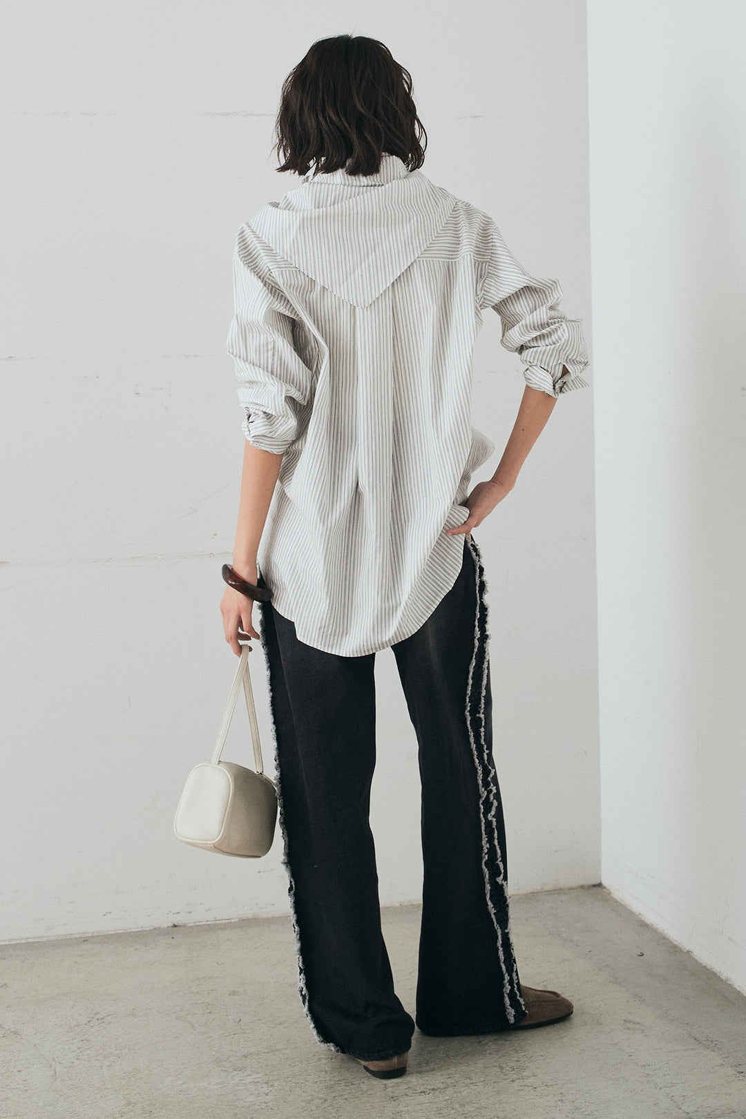 [SET]ランダムストライプスカーフ付きシャツ+デニムサイドフリルパンツ(2set)