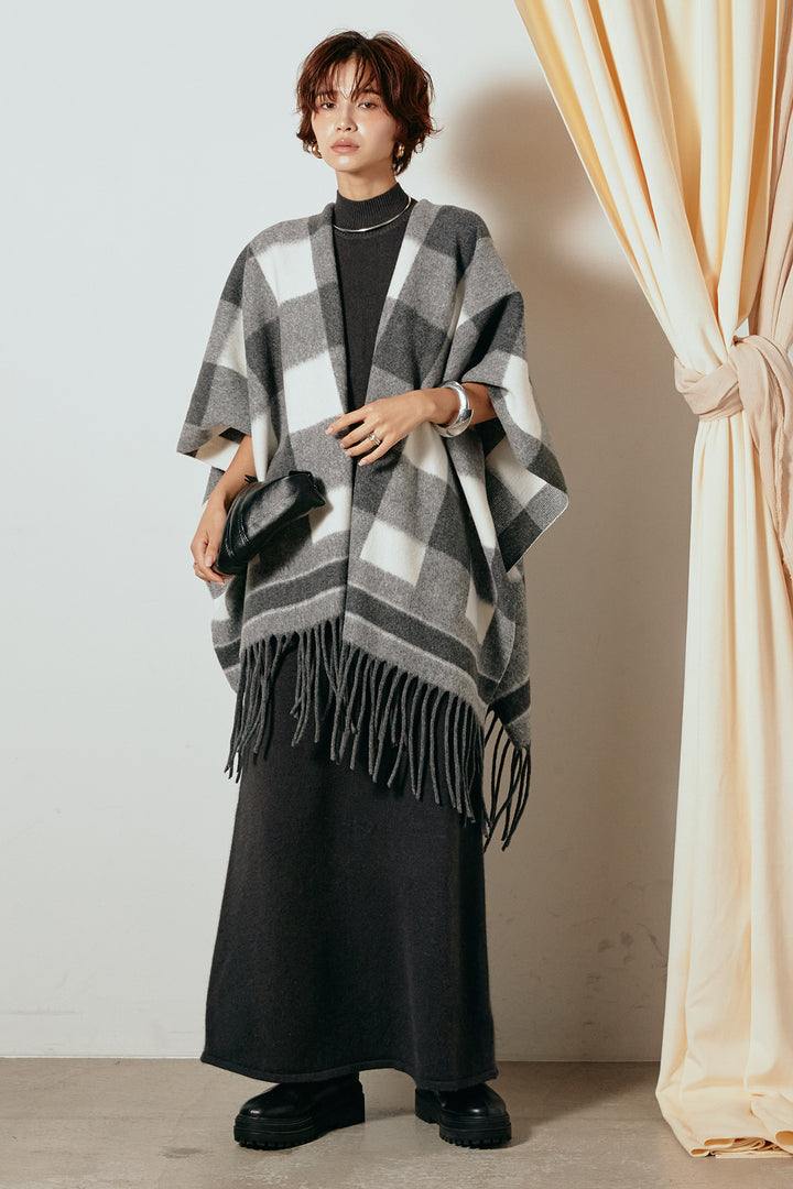[SET]裾フリンジ柄ポンチョアウター+ノースリーブニットロングワンピース(2set)