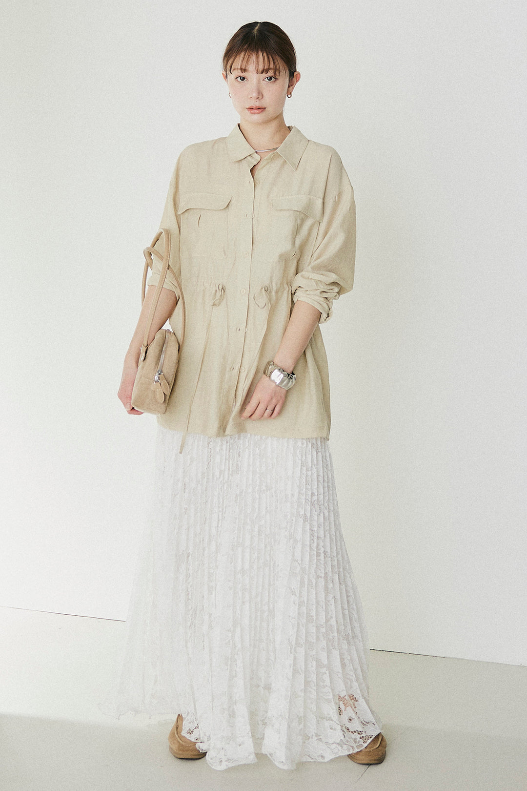 [SET]リネンブレンドシアーサファリシャツ+リラックスプリーツスカート(2set)