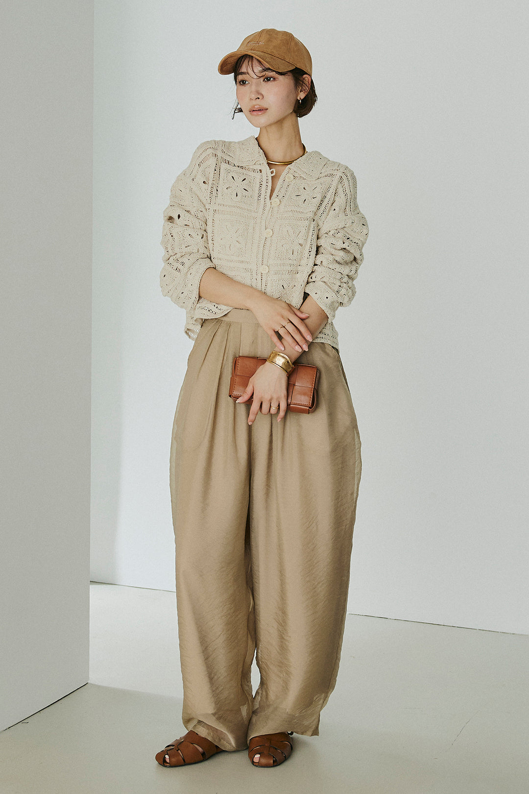 [SET]鍵編みフラワーレースカーディガン+オーガンジータックパンツ(2set)