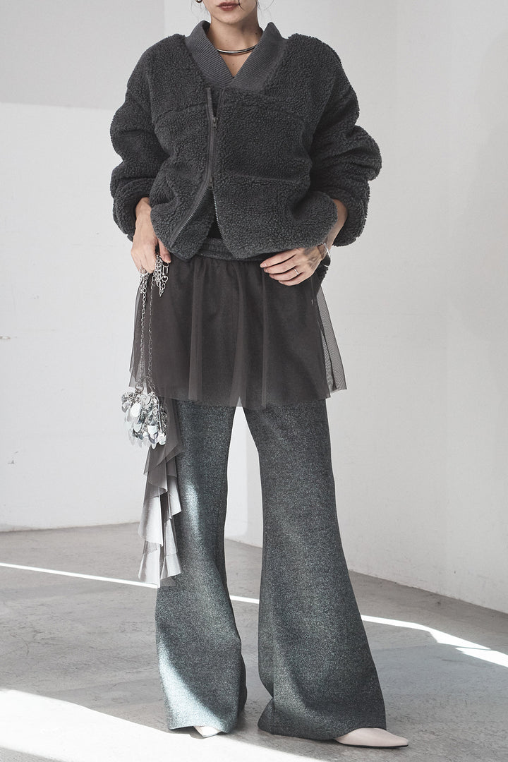 [SET]ノーカラーリブボアアウター+チュールレイヤードニットパンツ(2set)