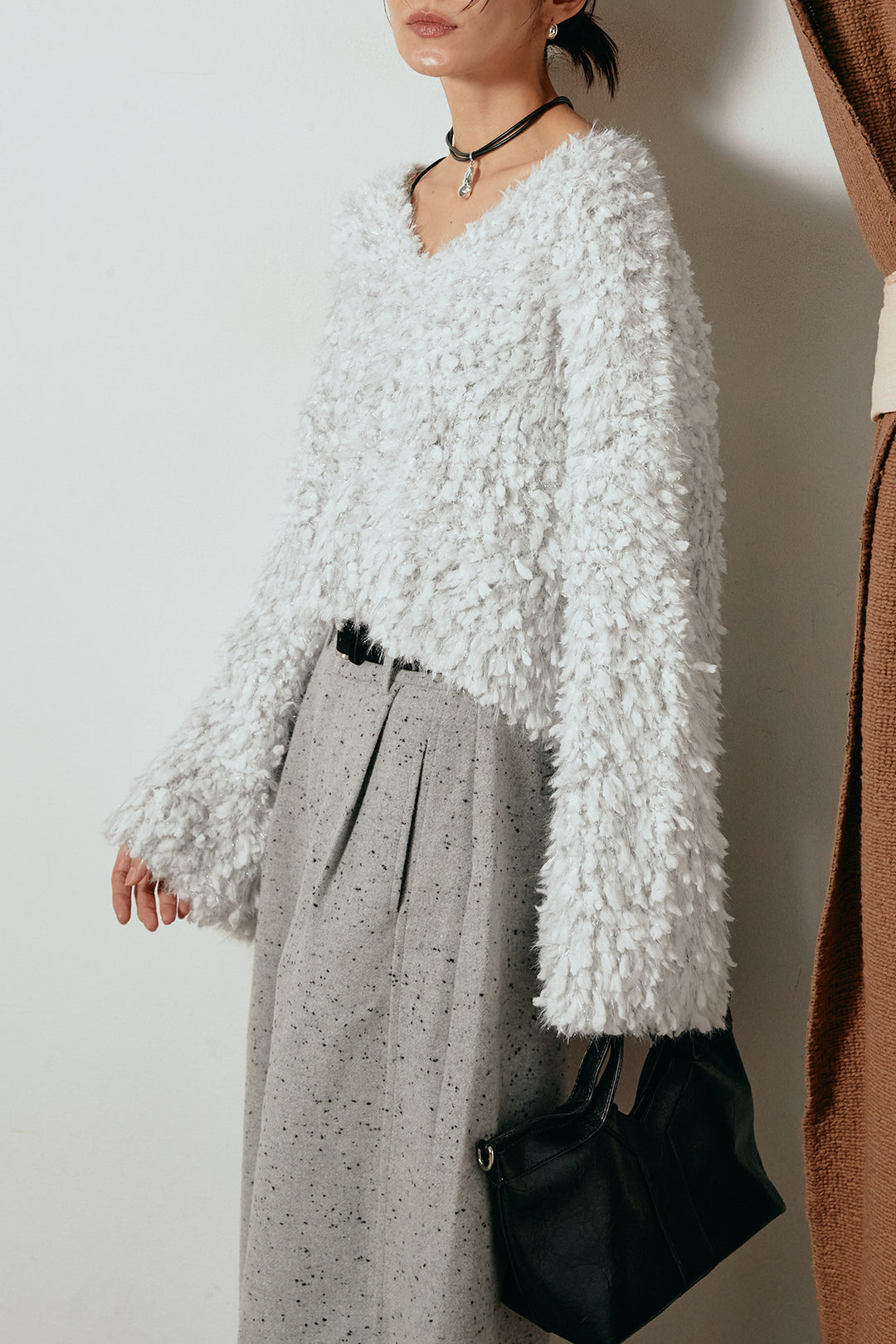 [SET]深Vネックチョウチョヤーンニットトップス+ベルト付きネップツイードカーブパンツ(2set)