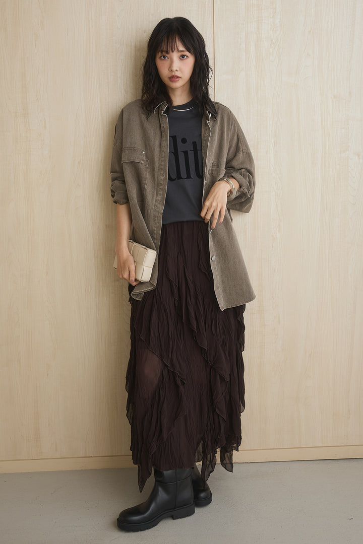[SET]襟レザーライクシャツジャケット+ビッグロゴプリントTシャツ+ランダムフリルスカート(3set)
