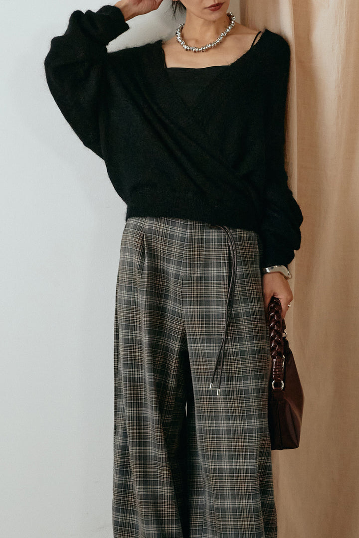 [SET]カシュクールデザインニット+編みベルト付きタータンチェックワイドパンツ(2set)