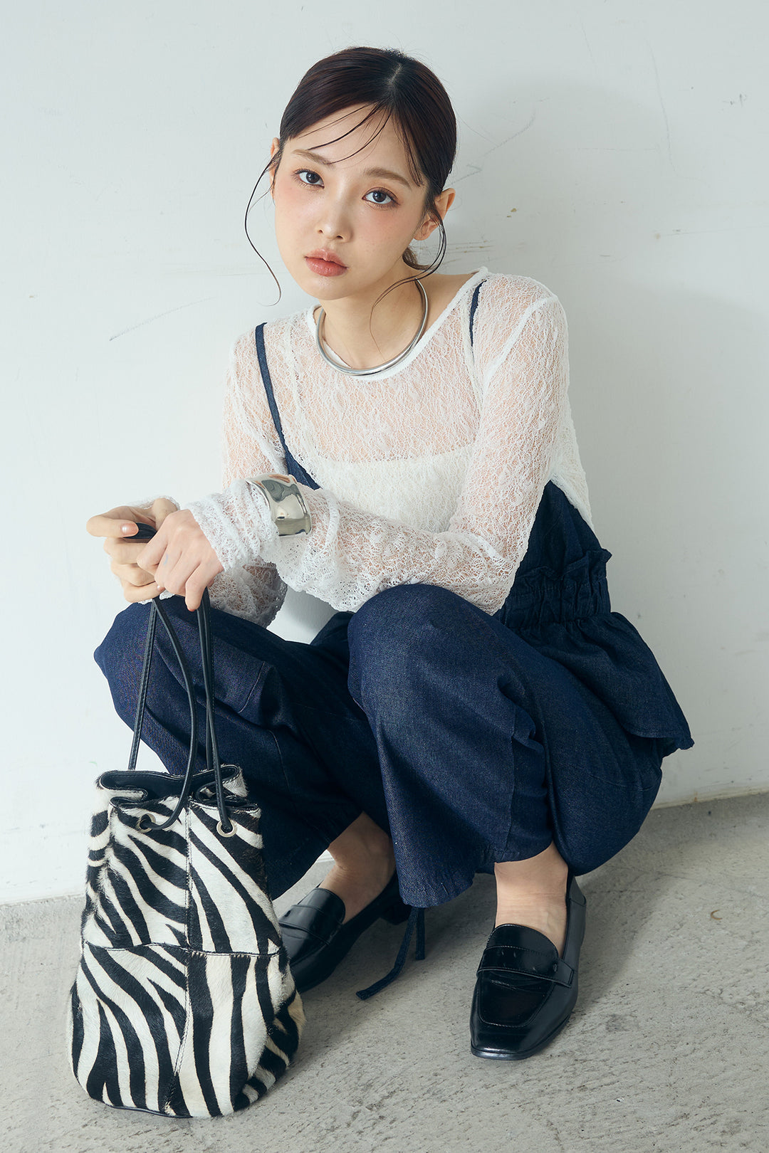 [SET]ストレッチレースクルーネックインナー+デニムペプラムコンビネゾン(2set)