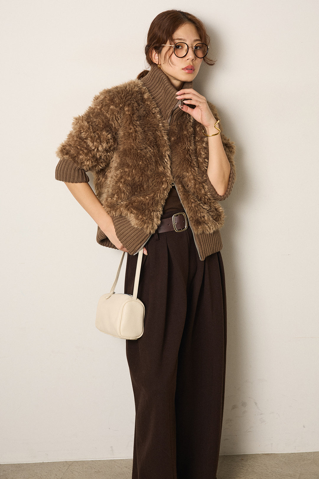 [SET]ハイネックボアブルゾン+フェイクレザー太ベルト付きタックワイドパンツ(2set)