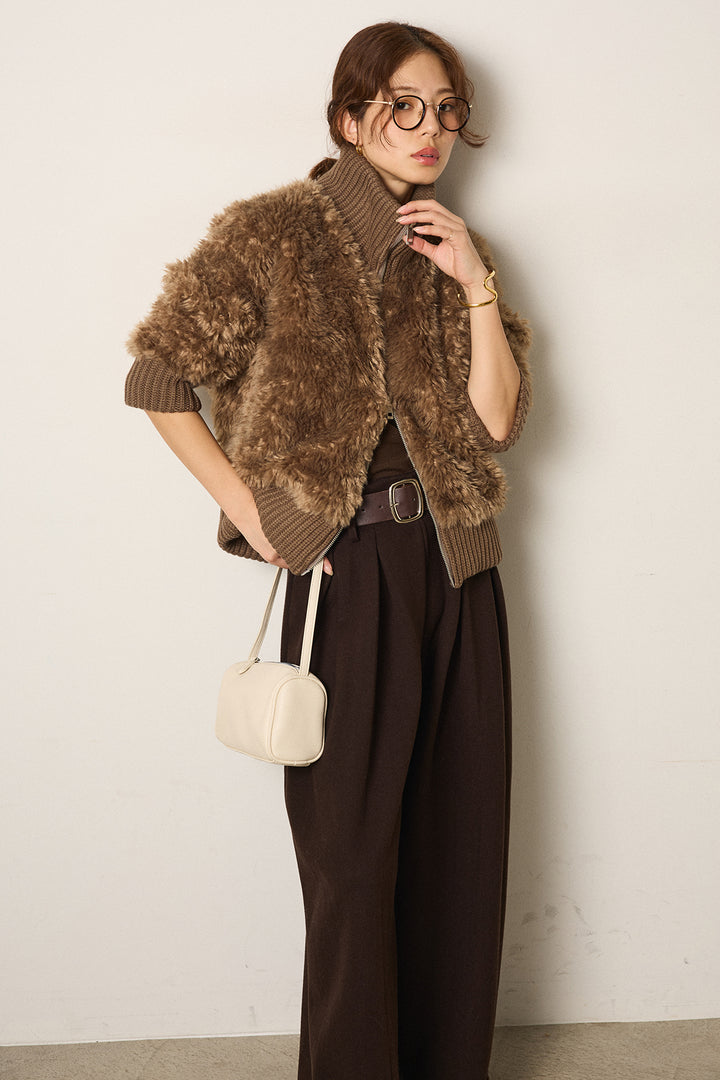 [SET]ハイネックボアブルゾン+フェイクレザー太ベルト付きタックワイドパンツ(2set)