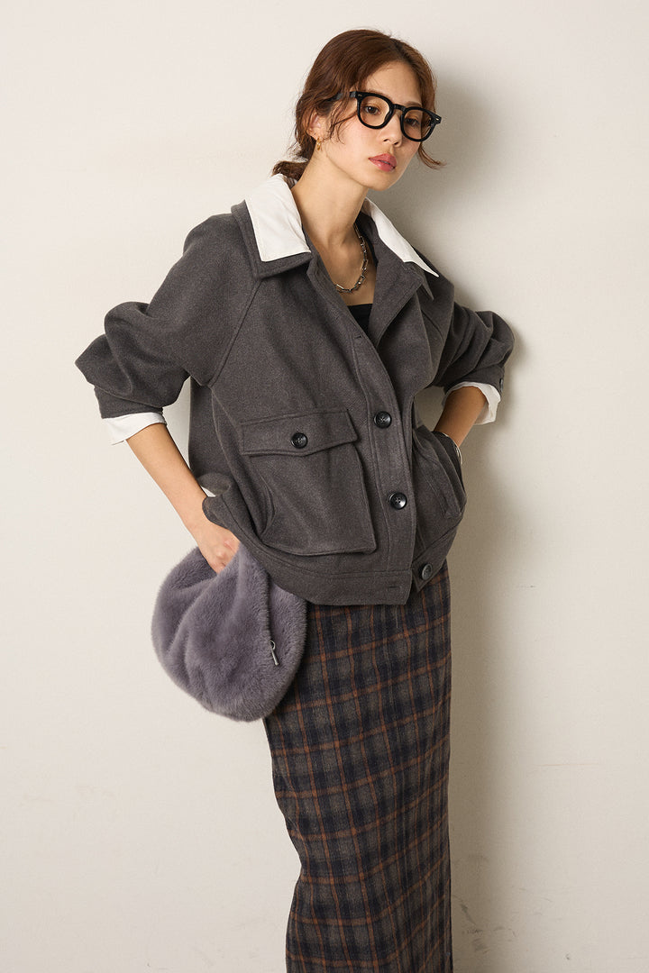 [SET]衿レイヤードフェイクウールジャケット+シャギーチェックストレートスカート(2set)