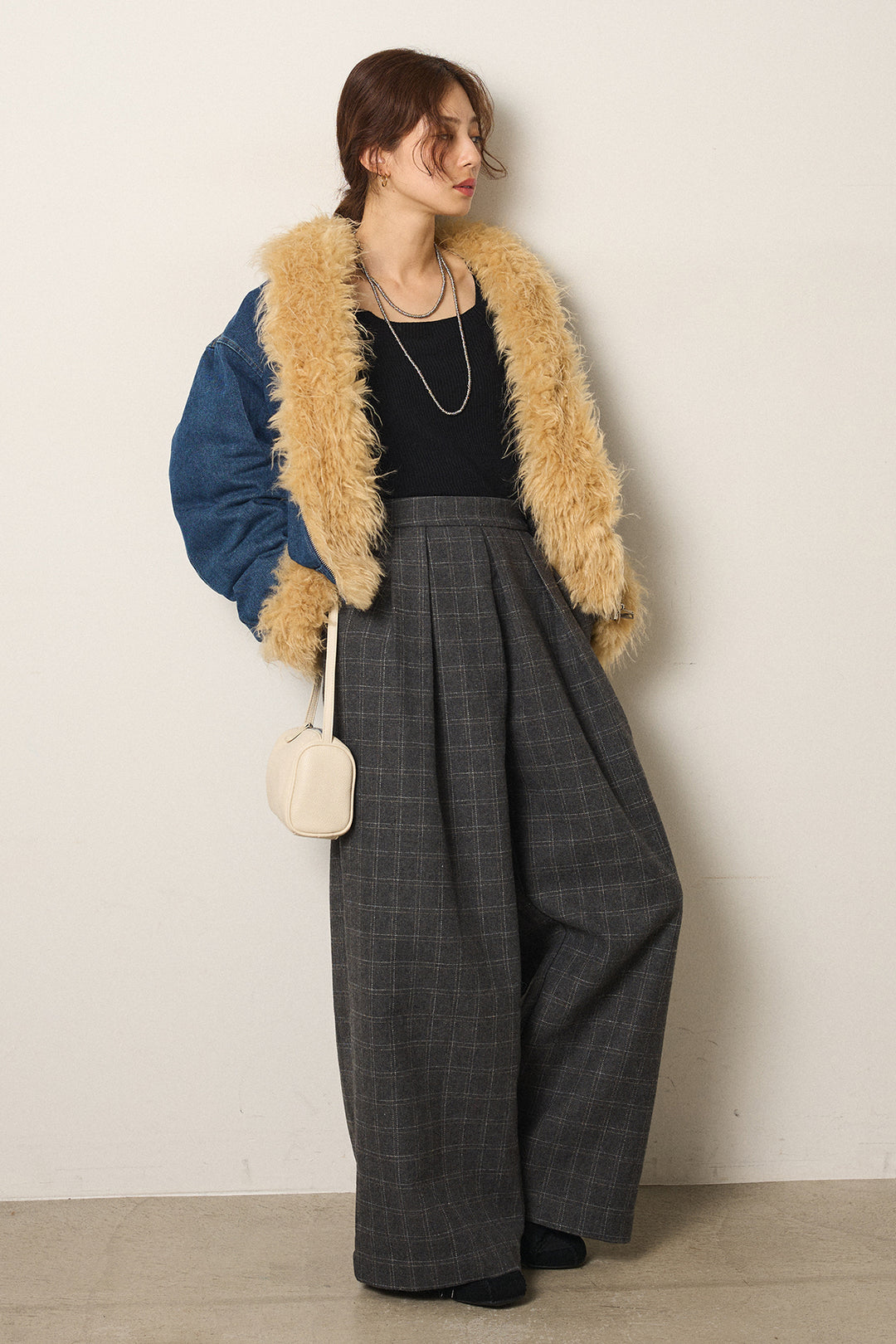 [SET]エコファーデニムボアジャケット+ウールライクチェックタックパンツ(2set)