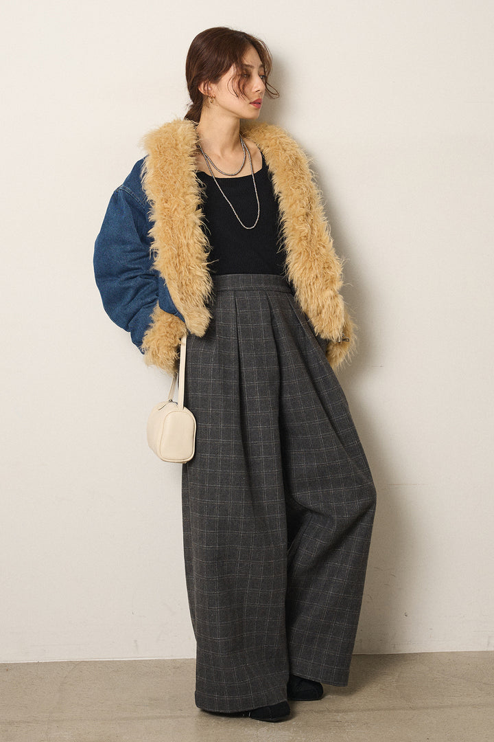 [SET]エコファーデニムボアジャケット+ウールライクチェックタックパンツ(2set)