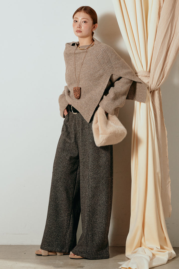 [SET]ケープデザインリブニットトップス+太ベルト付きツイードワイドパンツ(2set)