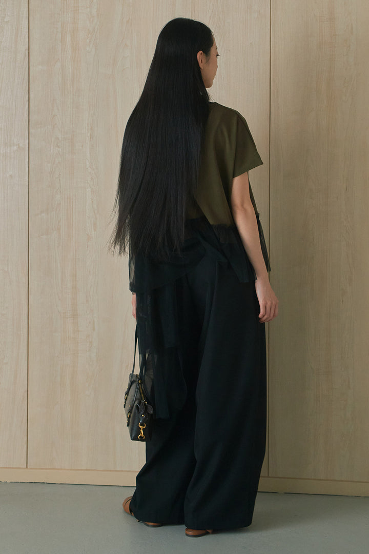 [SET]アシンメトリーチュールフリルTシャツ+ウエストデザインタックワイドパンツ(2set)