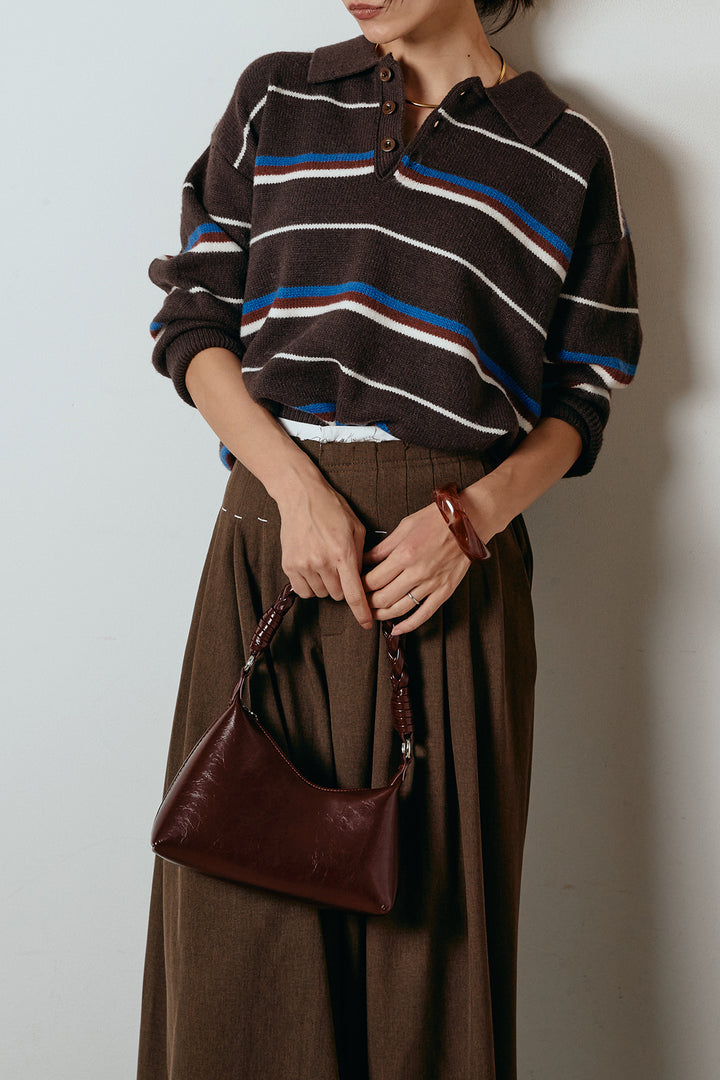 [SET]襟付きマルチボーダーニットポロトップス+ウエストステッチデザインワイドスラックス(2set)