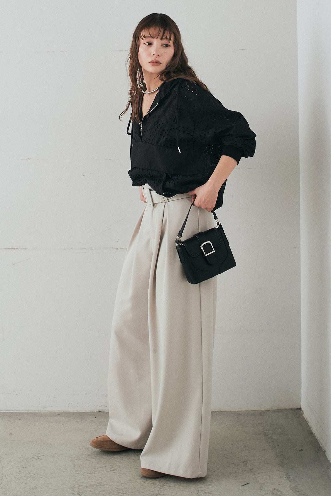 [SET]レースハーフジップアップフーディー+ベルト付きツータックワイドパンツ(2set)