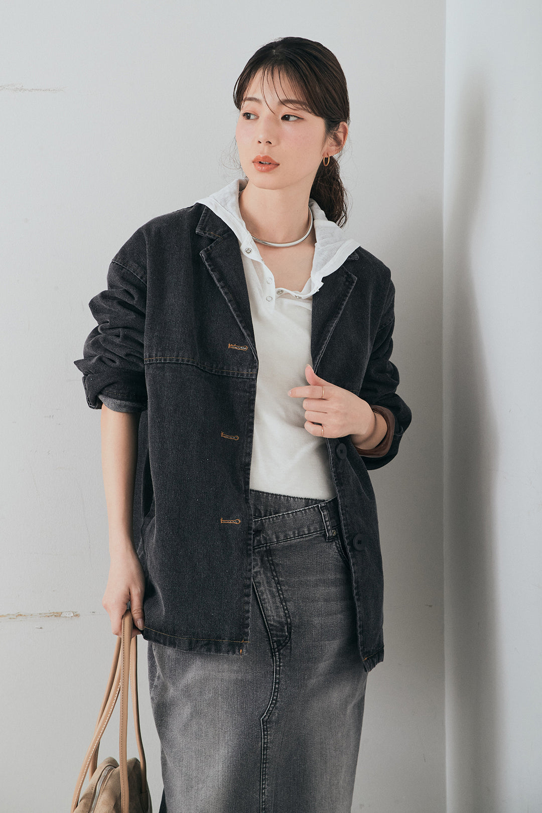 [SET]オーバーデニムジャケット+ウエストクロスデニムタイトスカート+シアーリブフーディプルオーバー(3set)