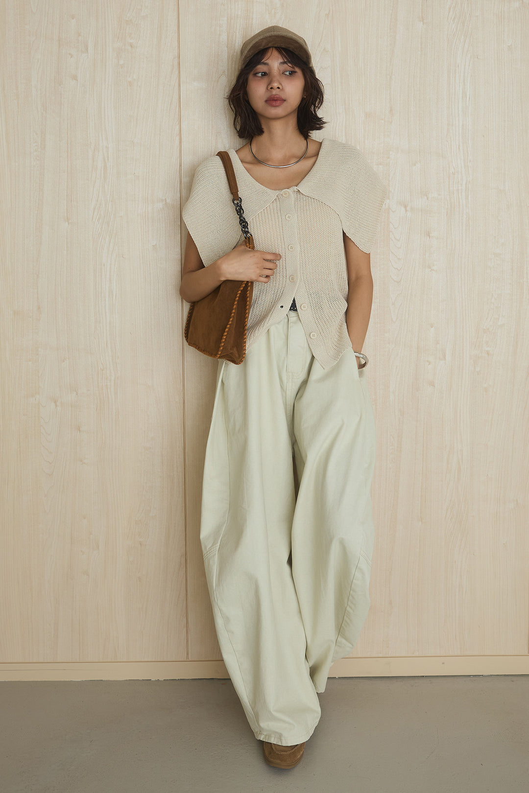 [SET]ビッグカラーボタンニットトップス+ベルト付きカラーデニムパンツ(2set)