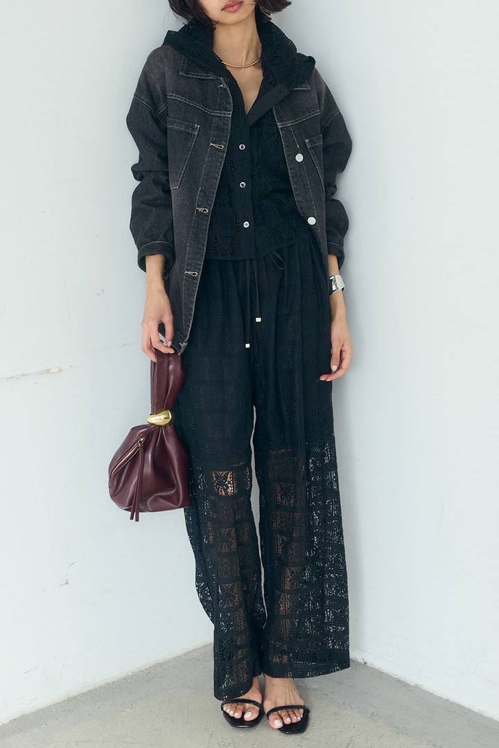 [SET]デニムオーバーサイズジャケット+パッチワークレースイージーパンツ+パッチワークレースショート丈フードシャツ(3set)