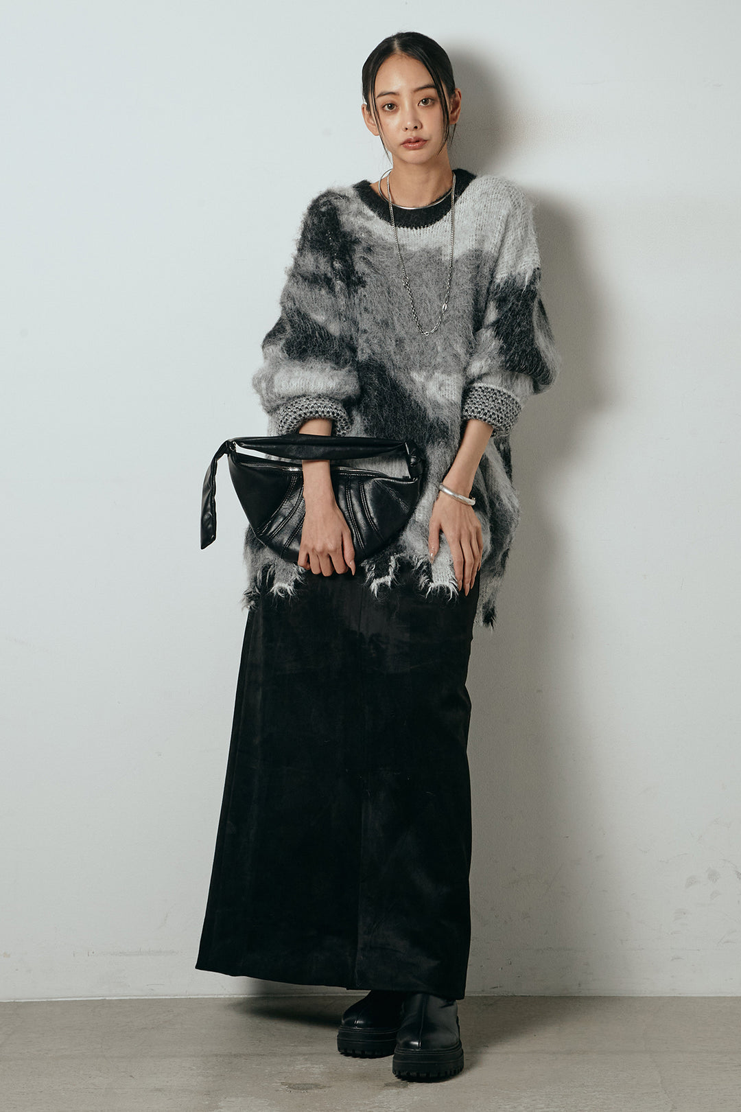 [SET]起毛裾デザインニュアンス柄ニットトップス+エコスウェードワイドスカート(2set)