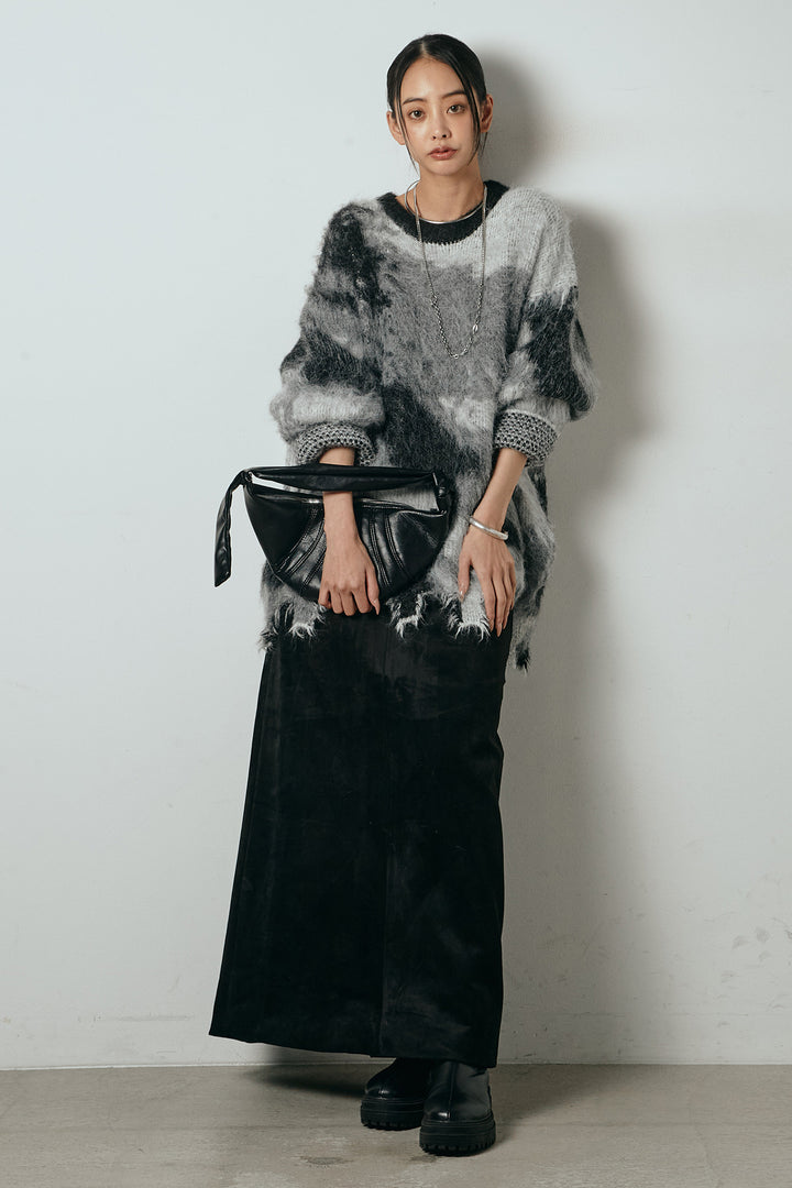[SET]起毛裾デザインニュアンス柄ニットトップス+エコスウェードワイドスカート(2set)
