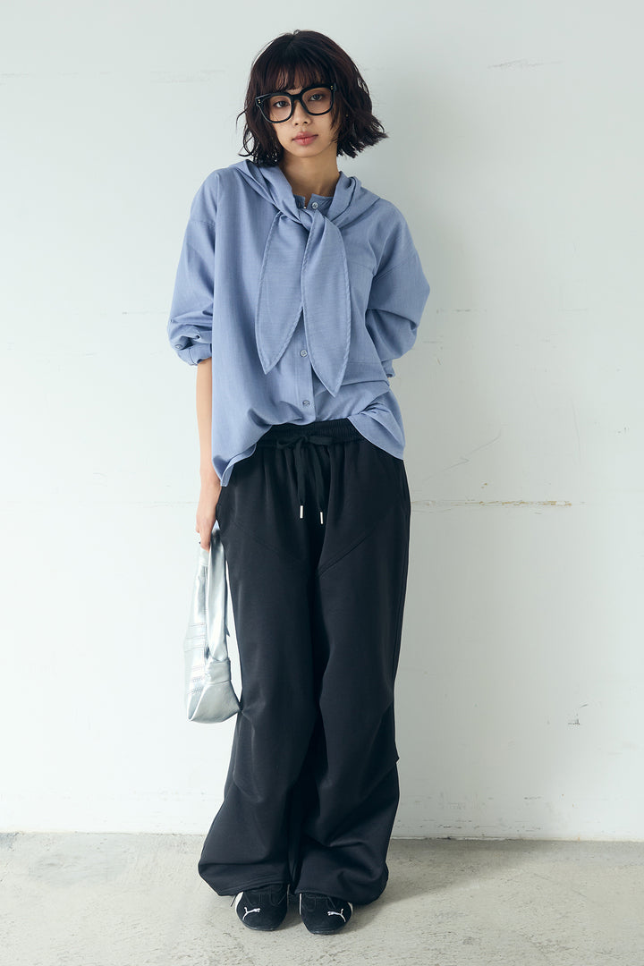 [SET]無地タイ付フーディーBIGシャツ+ランダムタックデザインワイドパンツ(2set)