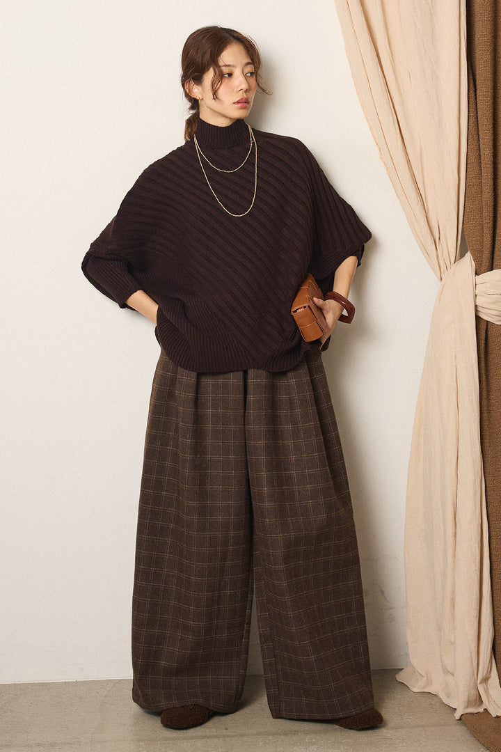 [SET]アシメデザインリブポンチョニットトップス+ウールライクチェックタックパンツ(2set)