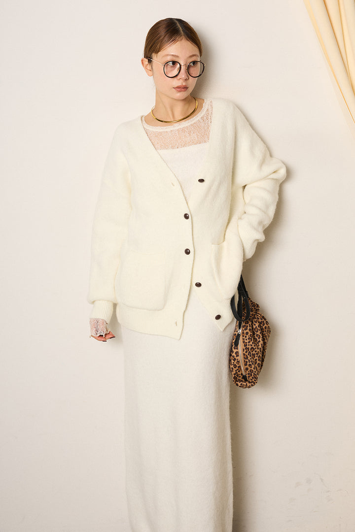 [SET]丸ボタン起毛ニットカーディガン+起毛ニットロングスカート+ストレッチレースクルーネックプルオーバー(3set)