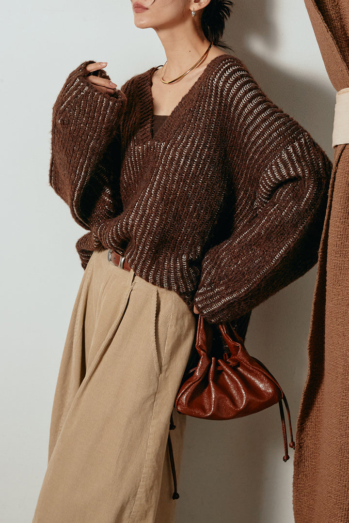 [SET]アルパカタッチ深Vニットトップス+タック入りコーデュロイワイドパンツ(2set)