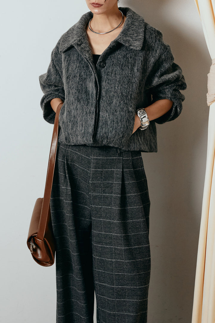 [SET]シャギーショートジャケット+スクエアチェック柄ワイドパンツ(2set)