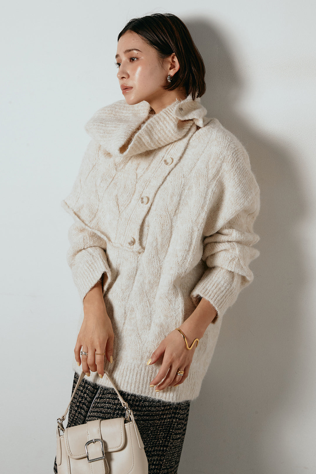 [SET]ケープデザインケーブルニットトップス+グレンチェック柄フロントジップタイトスカート(2set)