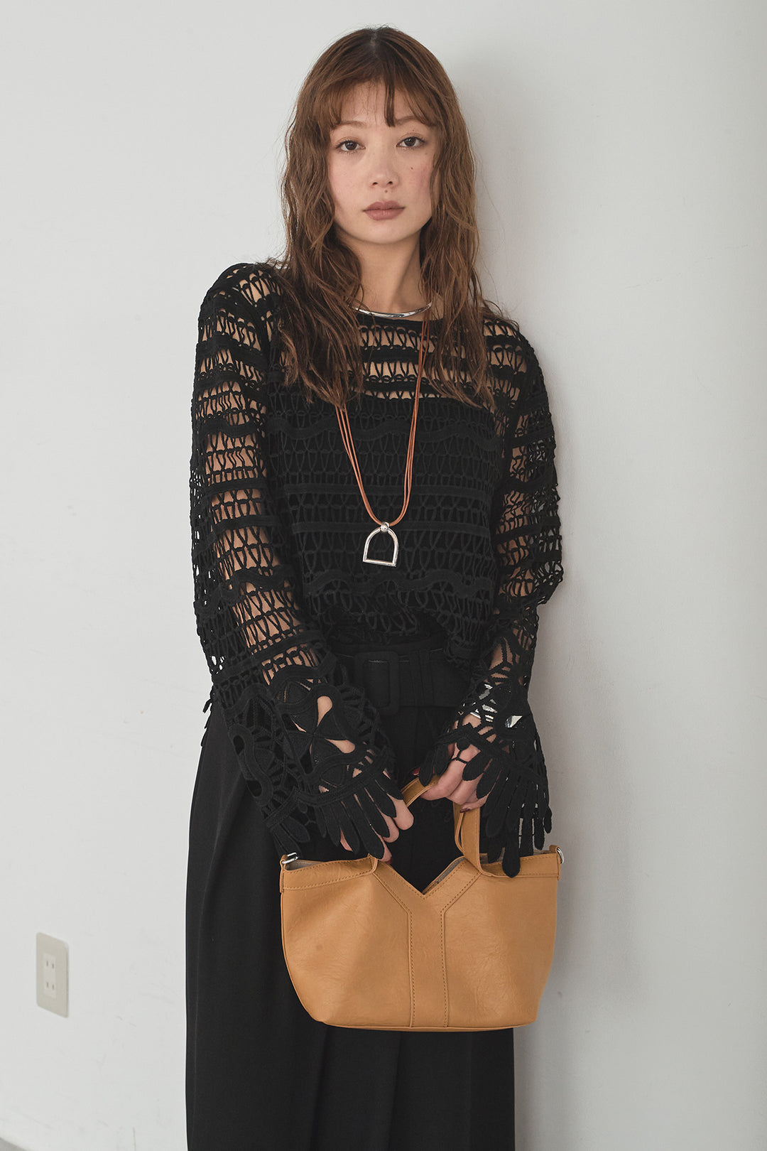 [SET]裾デザインメッシュプルオーバー+ベルト付きツータックワイドパンツ(2set)