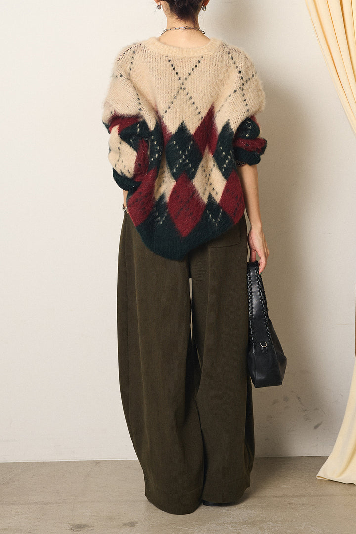 [SET]配色アーガイル柄ニットトップス+ベルト付きコーデュロイワイドパンツ(2set)