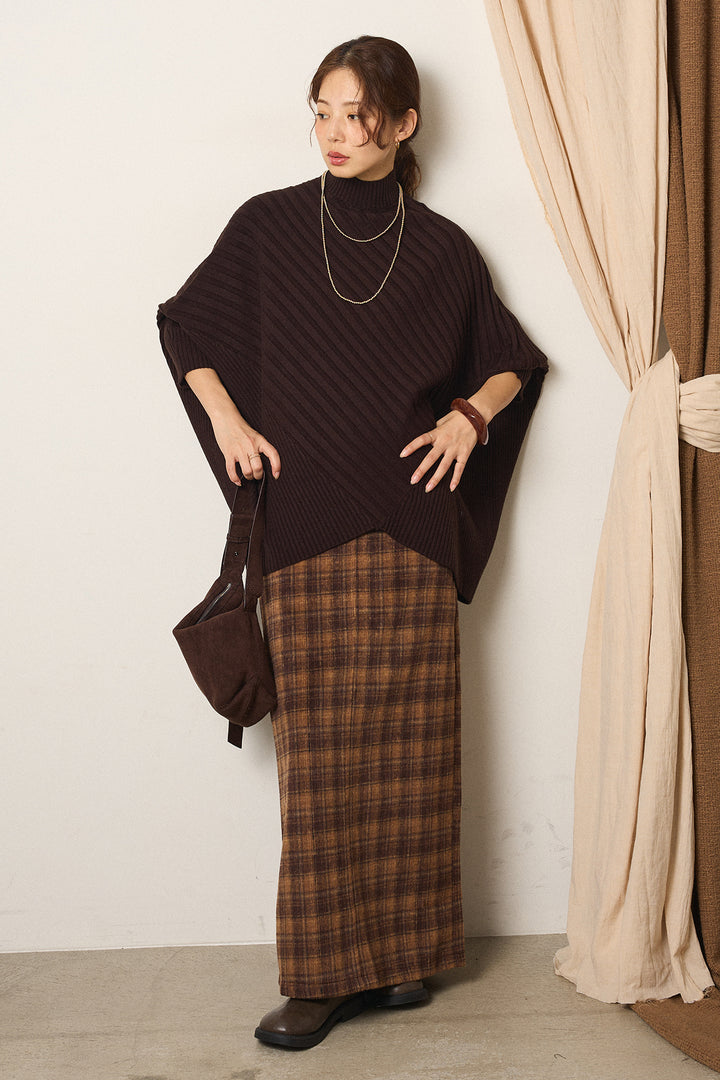 [SET]アシメデザインリブポンチョニットトップス+シャギーチェックストレートスカート(2set)