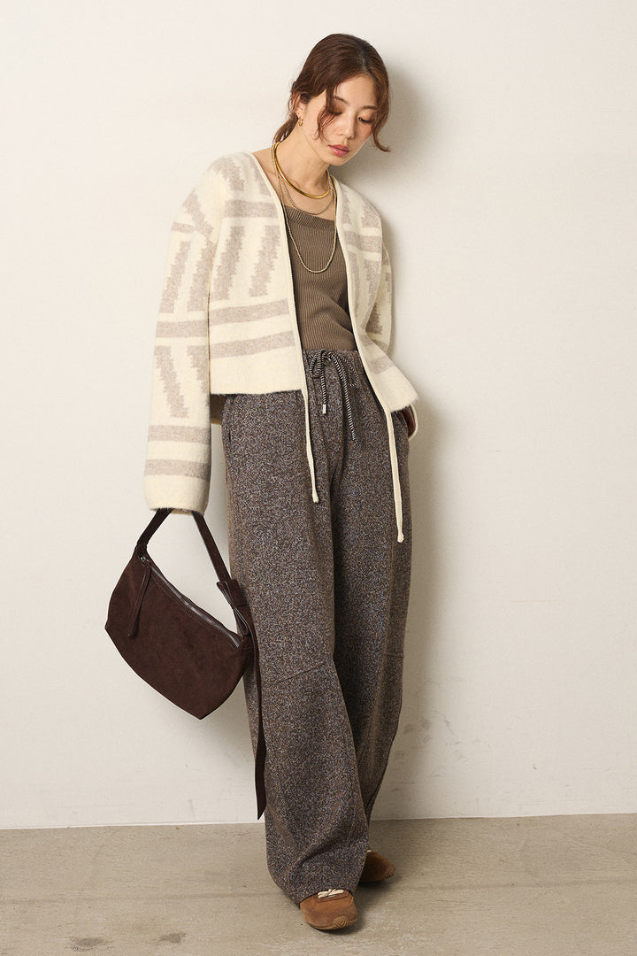 [SET]幾何学柄ノーカラーカーディガン+杢ニットフレアパンツ(2set)