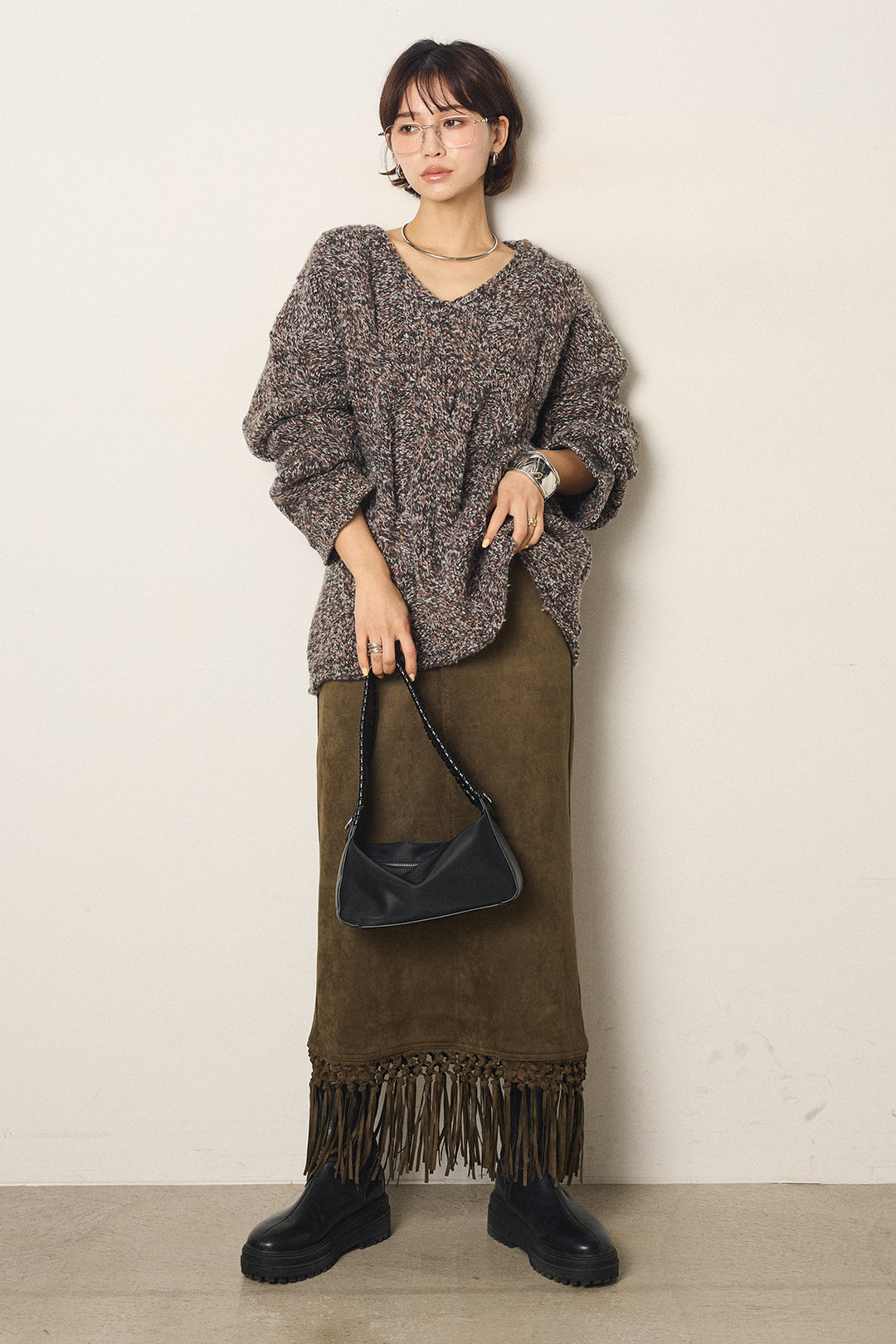 [SET]Vネックミックス編みニットトップス+スウェードライク裾フリンジスカート(2set)