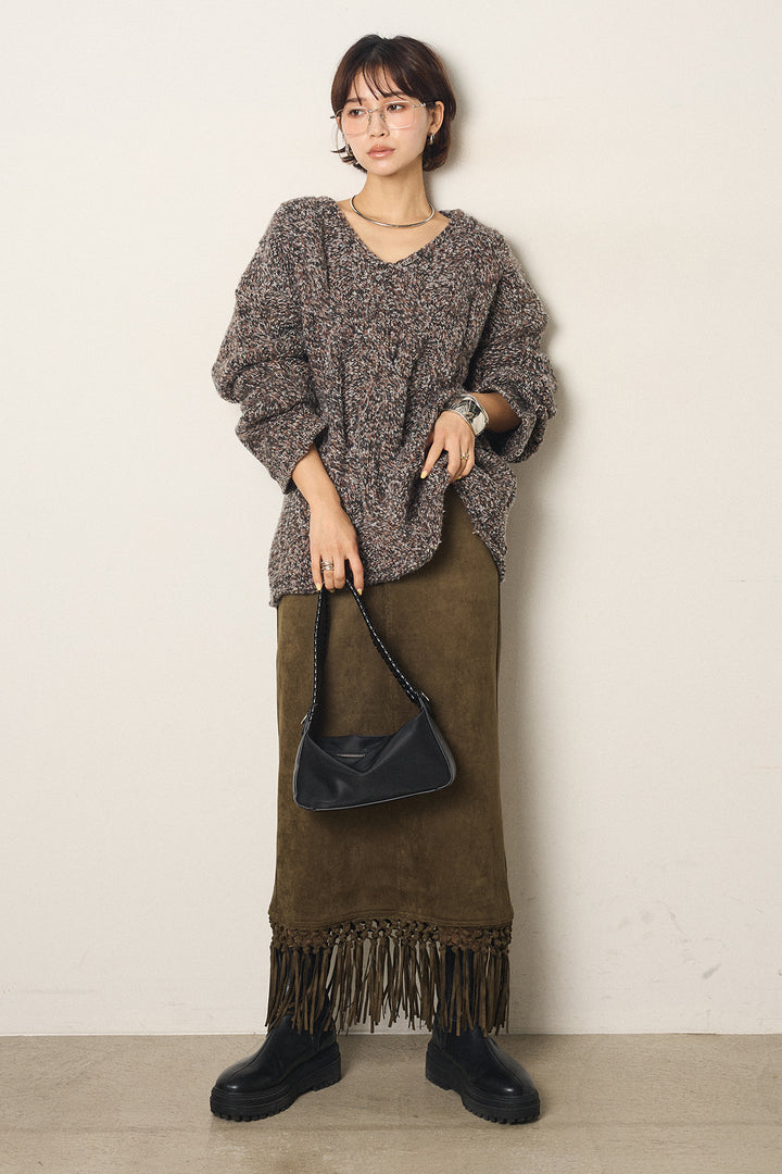 [SET]Vネックミックス編みニットトップス+スウェードライク裾フリンジスカート(2set)