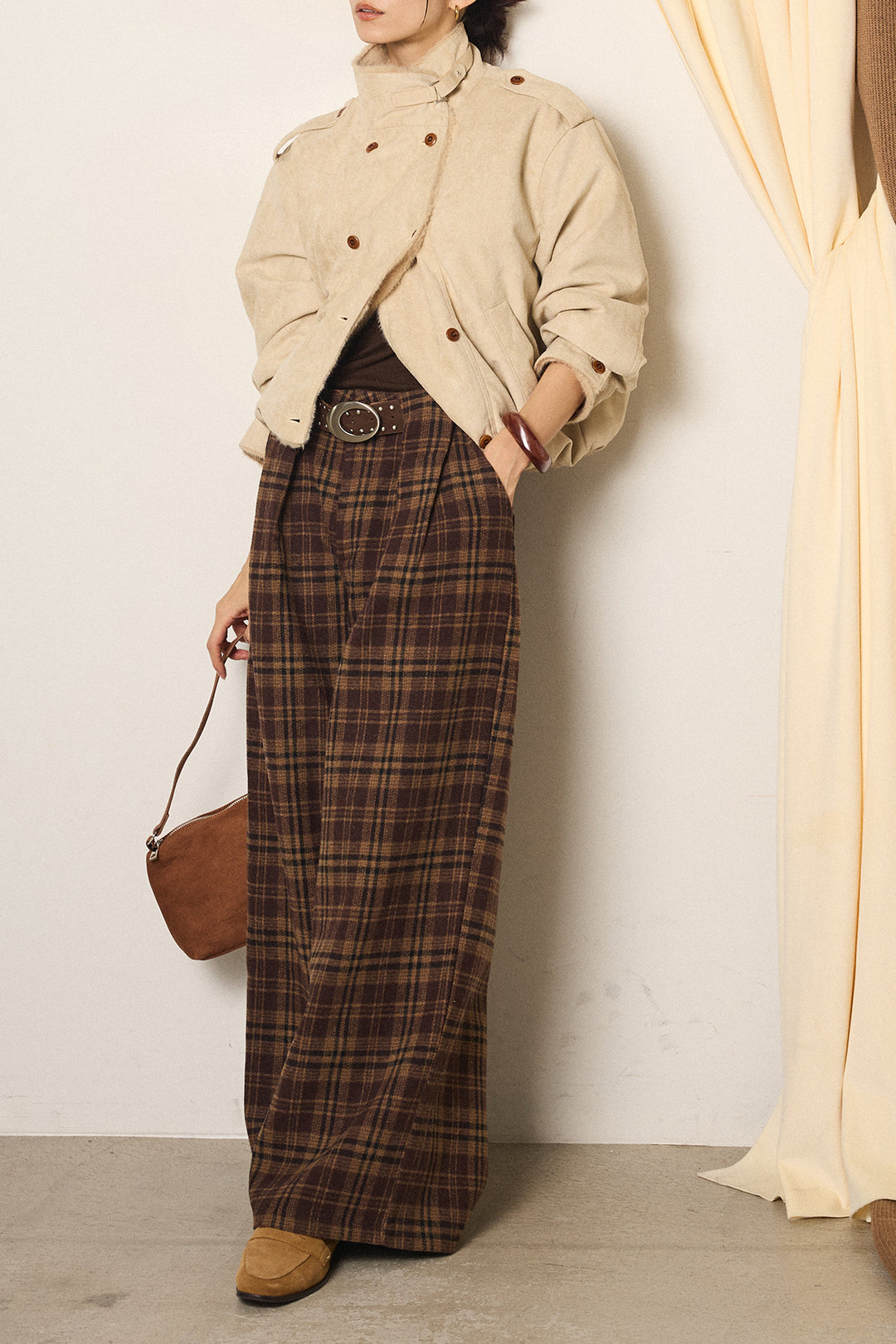 [SET]スタンド襟スウェードライクアウター+スタッズデザインベルトタータンチェックパンツ(2set)