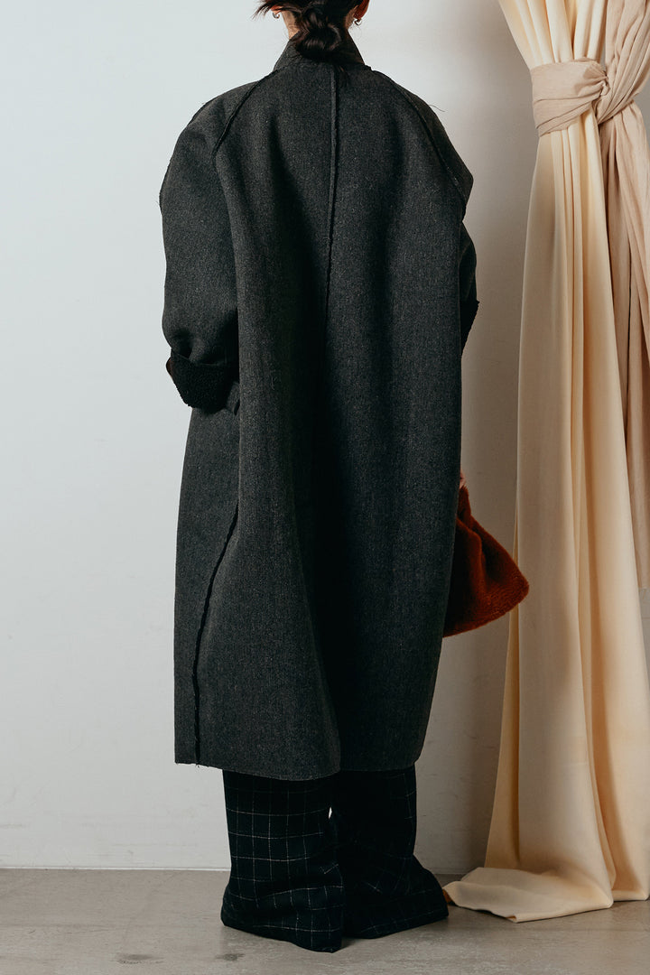 [SET]裏地ボアハイネックロングアウター+ウールライクチェックタックパンツ(2set)