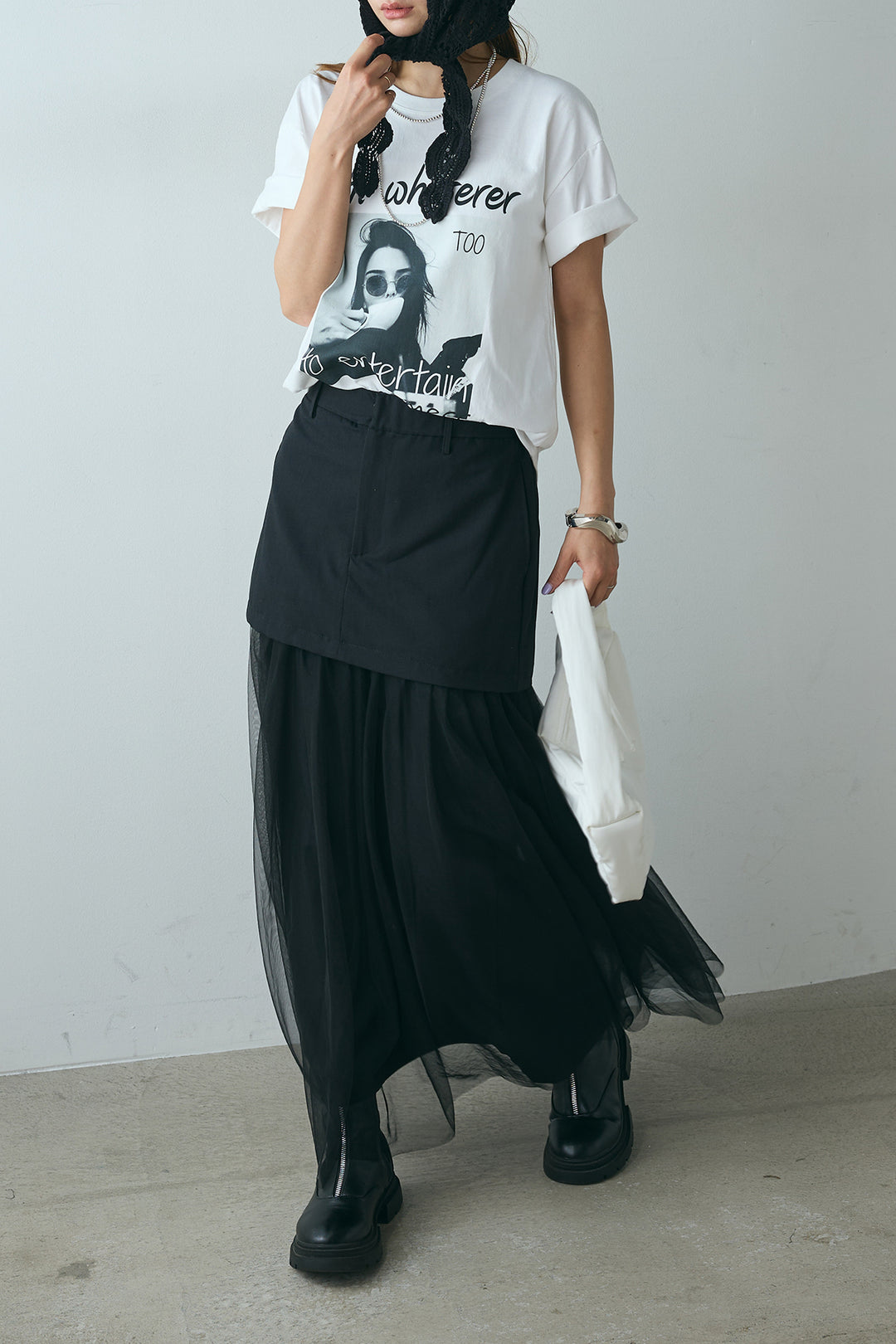 [SET]モノトーンフォトプリントTシャツ+切り替えデザインボリュームチュールスカート(2set)