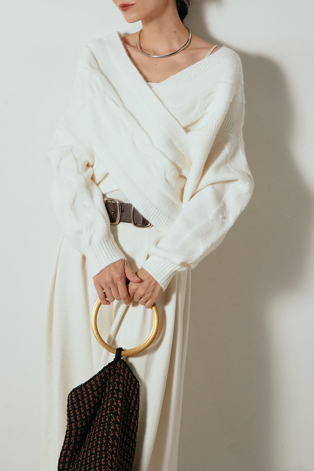 [SET]ケーブルカシュクールニットトップス+フェイクレザー太ベルト付きタックワイドパンツ(2set)