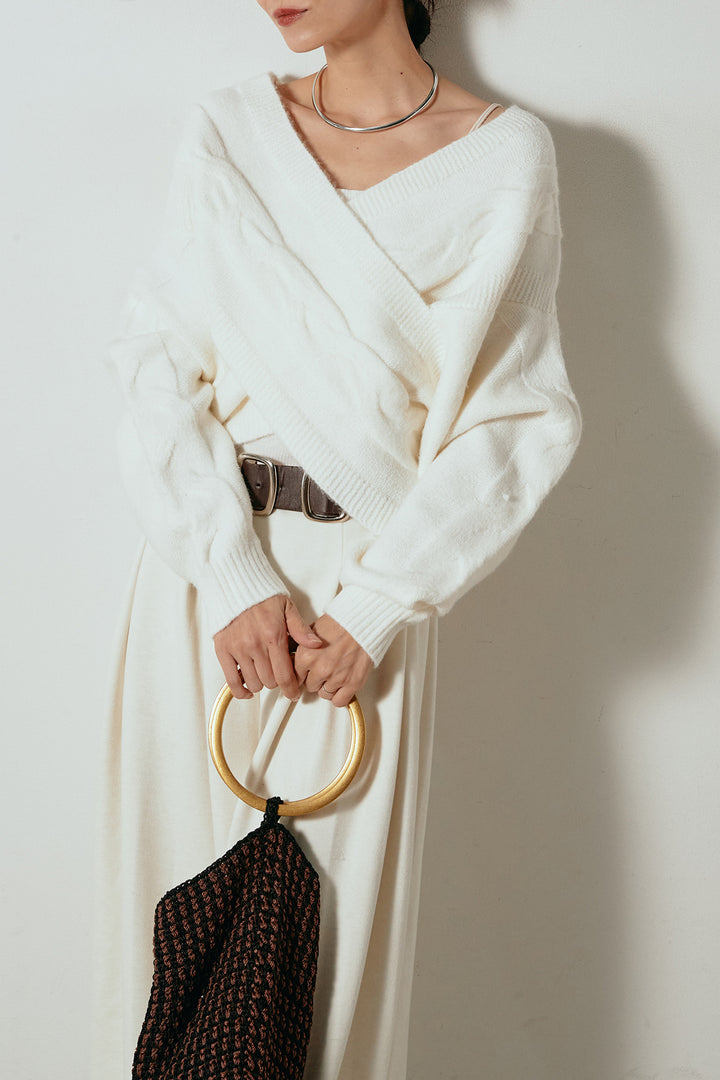 [SET]ケーブルカシュクールニットトップス+フェイクレザー太ベルト付きタックワイドパンツ(2set)