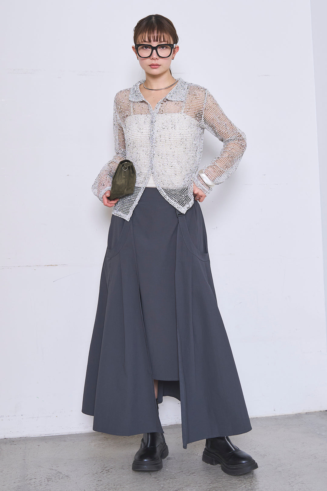 [SET]ネップメッシュポロ襟カーディガン+ラップレイヤードアシンメトリーデザインスカート(2set)