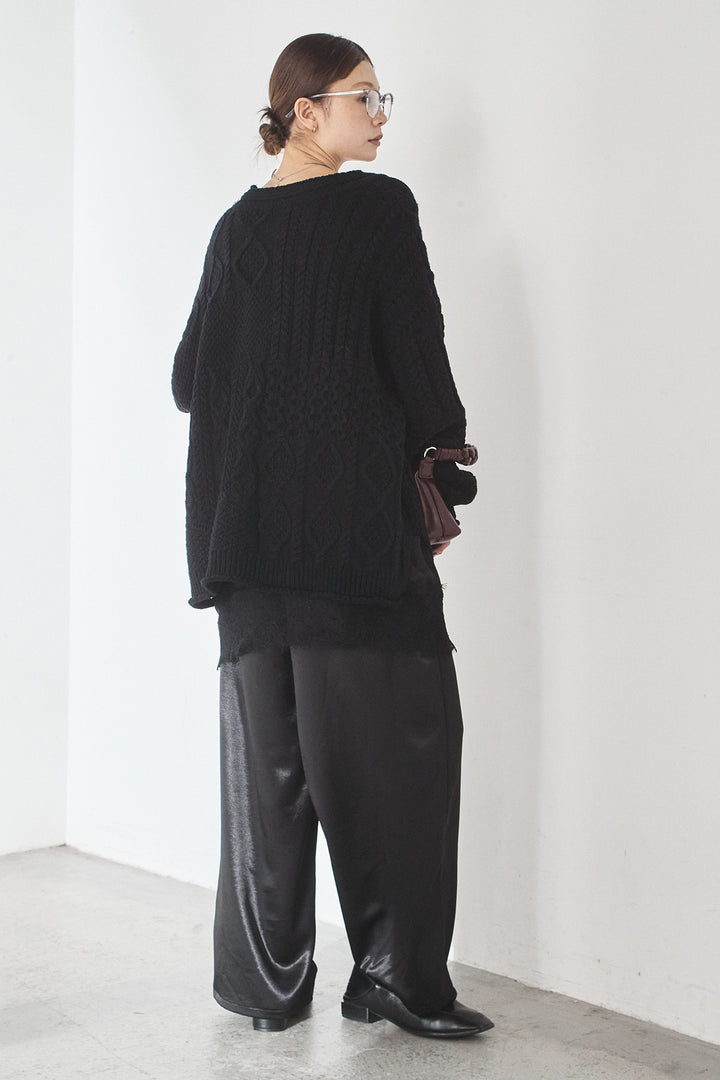 [SET]ケーブルVニットセーター+サテンタックワイドパンツ(2set)