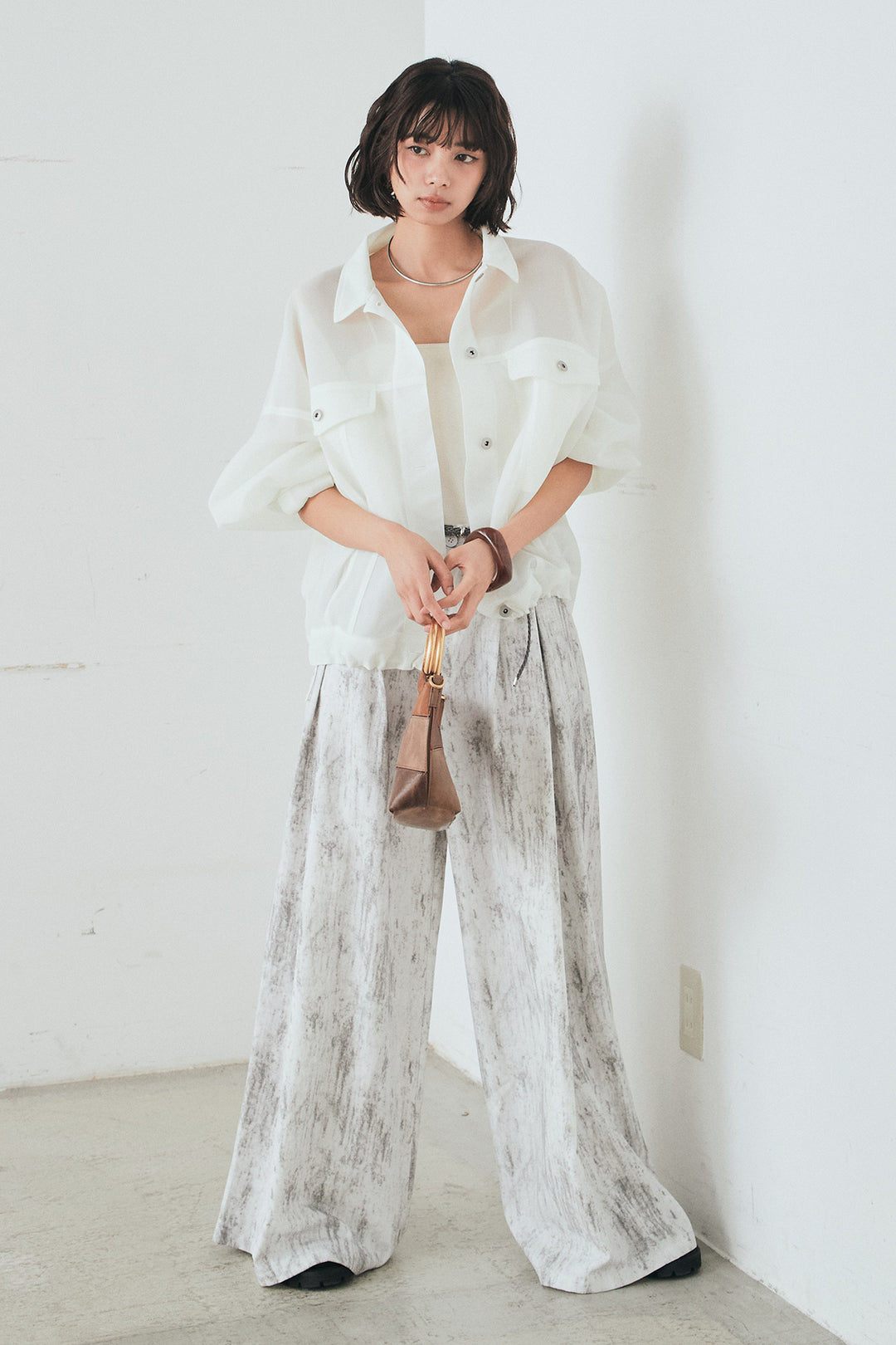 [SET]シアーダンボールサイドドロストジャケット+紐ベルト付きかすれ柄ワイドスラックス(2set)