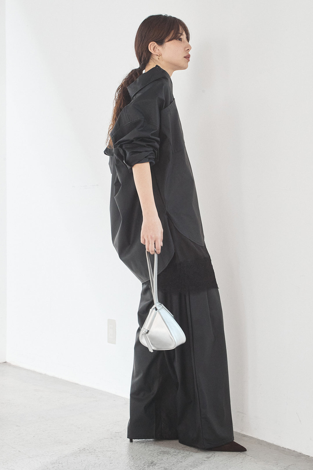 [SET]ウォッシャブルエコレザービックカフスシャツ+ウォッシャブルエコレザータックパンツ(2set)