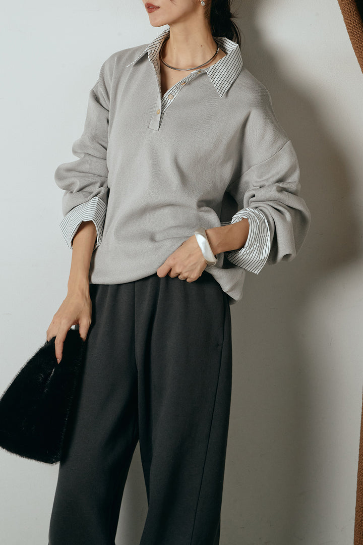 [SET]ストライプシャツドッキングポロトップス+裏起毛スウェットワイドパンツ(2set)