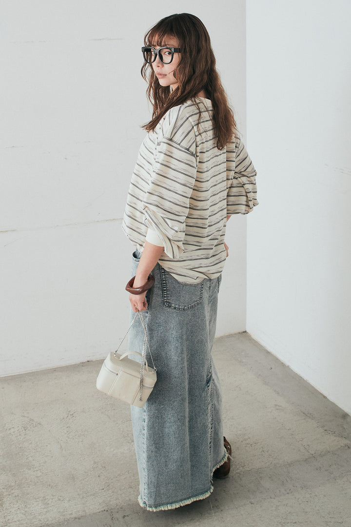 [SET]レースアップワッフルボーダートップス+ウエストクロスデニムタイトスカート(2set)