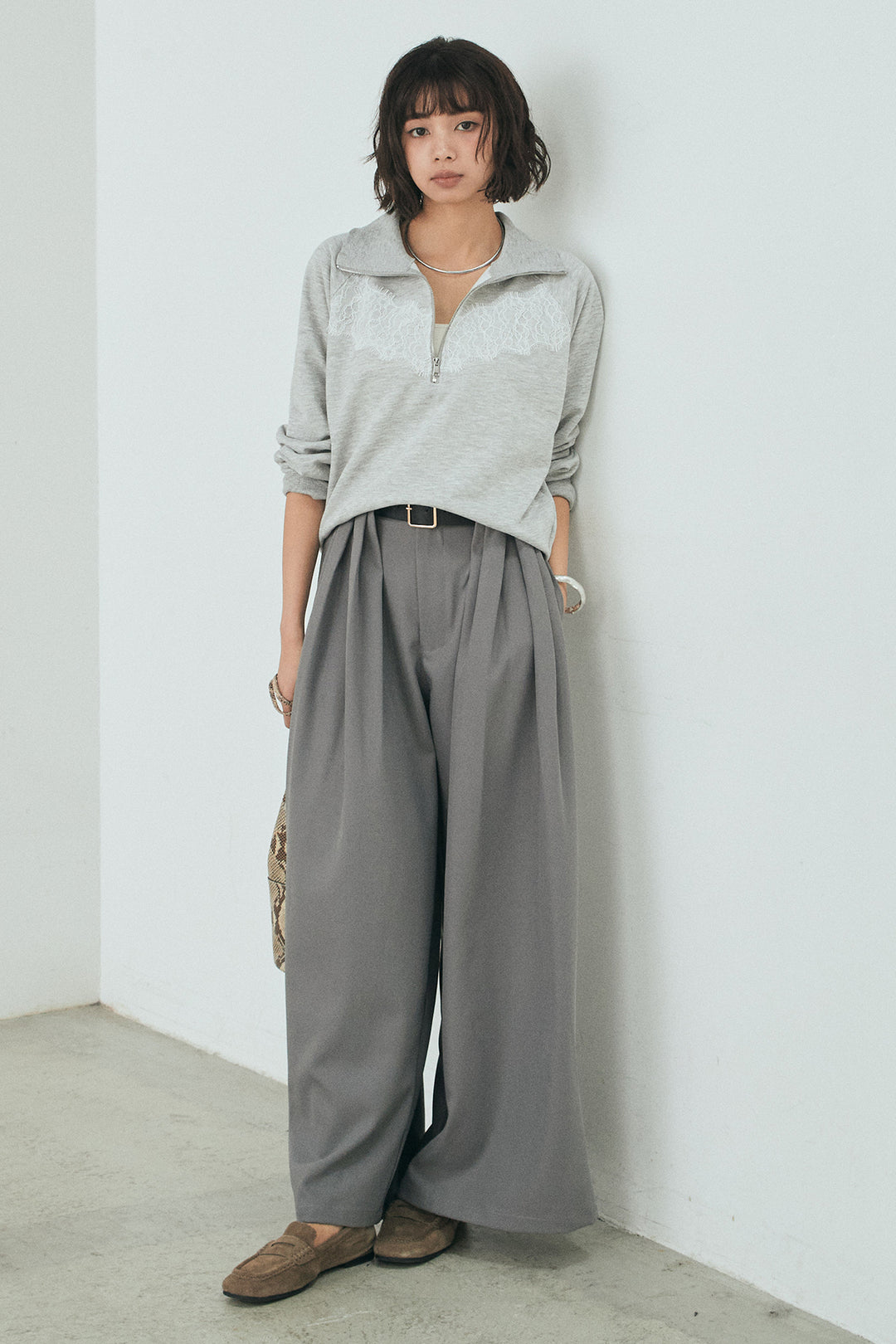[SET]リバーレースハーフジップ裏毛スウェット+ベルト付きタックデザインハイウエストロングパンツ(2set)