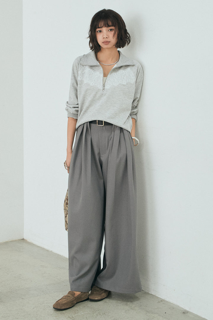 [SET]リバーレースハーフジップ裏毛スウェット+ベルト付きタックデザインハイウエストロングパンツ(2set)