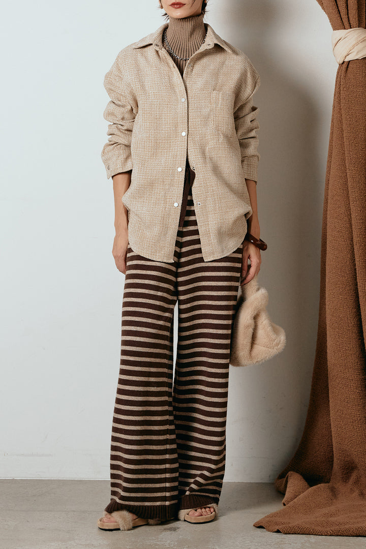 [SET]ルーズクラッシュツイルシャツ+ボーダーリラックスニットパンツ(2set)