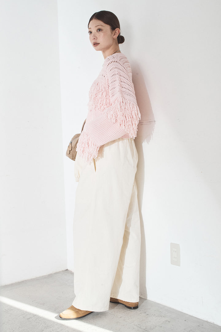 [SET]メッシュフリンジ切り替えプルオーバー+合繊ツイルスタンドウエスト巻きジョガーパンツ(2set)